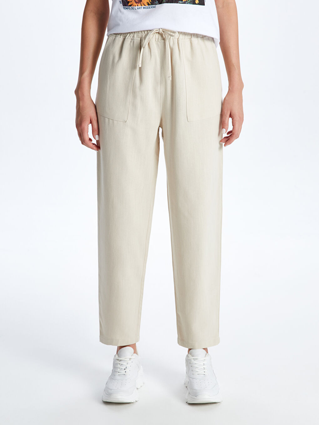 Gri Beli Lastikli Düz Keten Karışımlı Kadın Pantolon-2