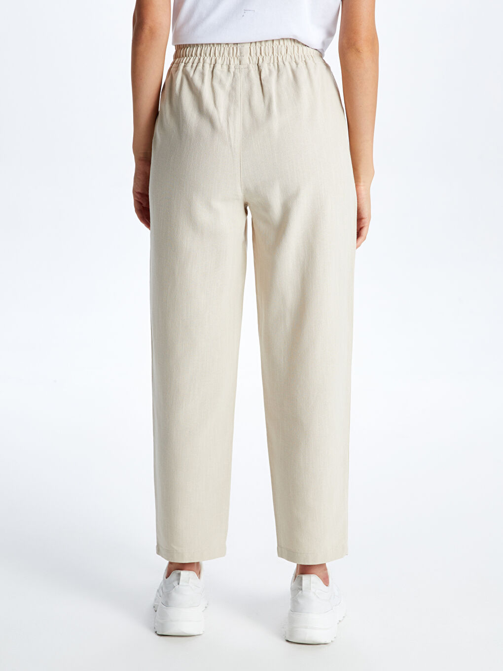 Gri Beli Lastikli Düz Keten Karışımlı Kadın Pantolon-3