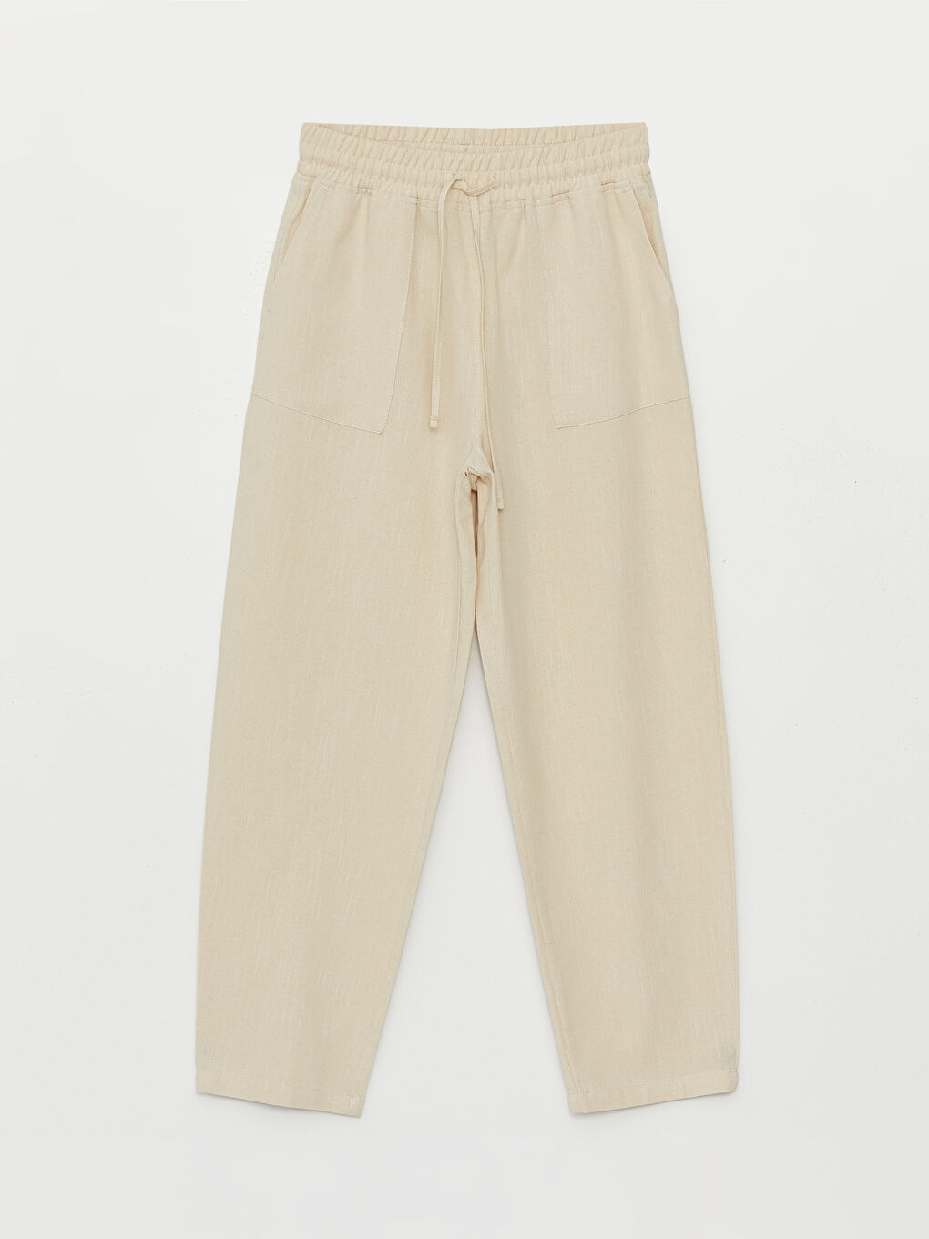 Gri Beli Lastikli Düz Keten Karışımlı Kadın Pantolon-4