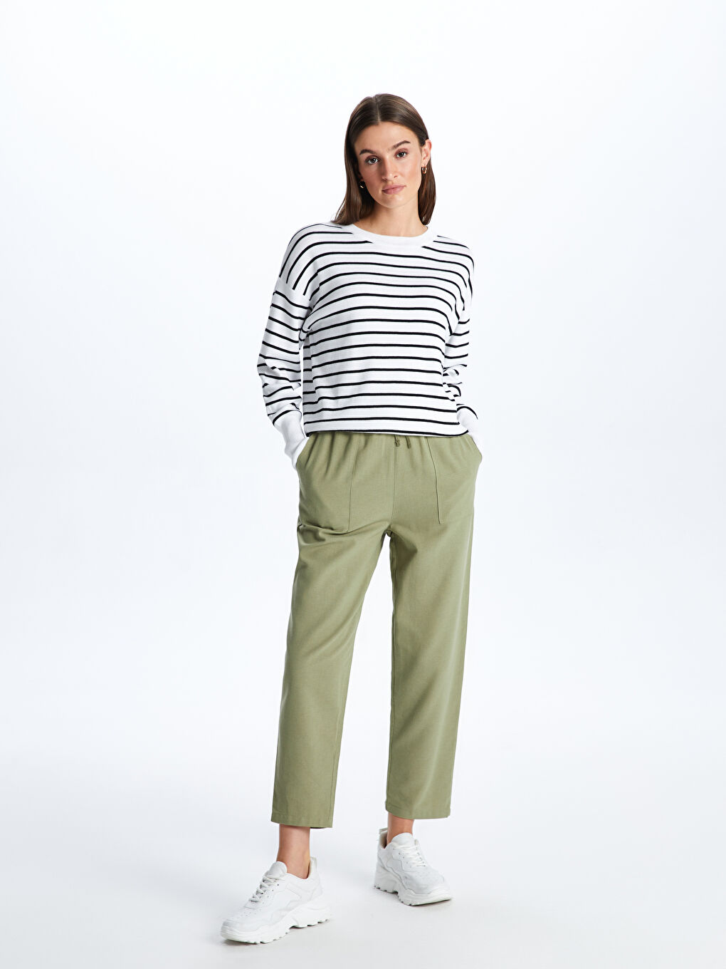 Haki Beli Lastikli Düz Keten Karışımlı Kadın Pantolon