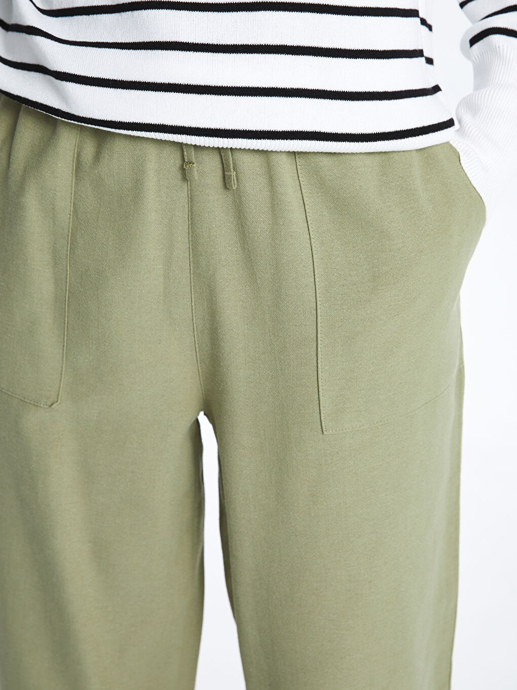 Haki Beli Lastikli Düz Keten Karışımlı Kadın Pantolon-1