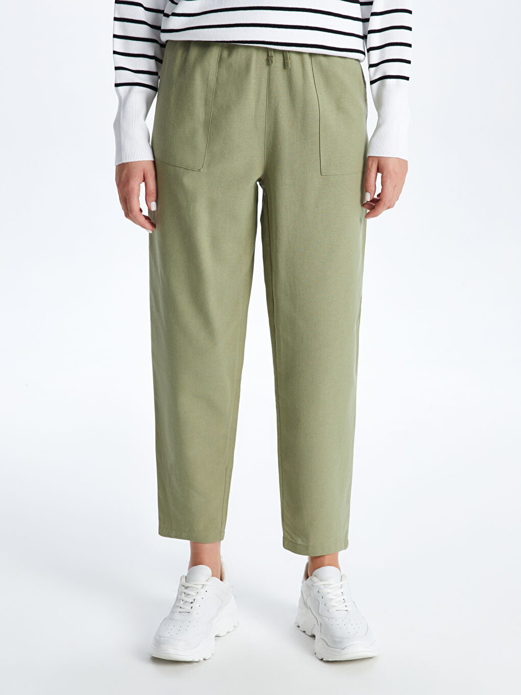 Haki Beli Lastikli Düz Keten Karışımlı Kadın Pantolon-2