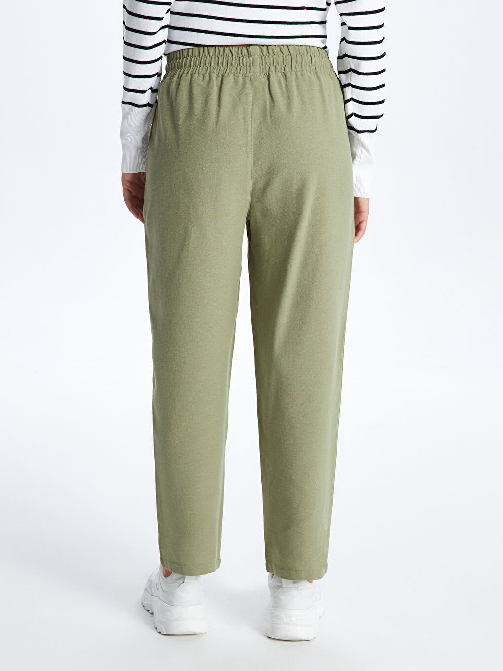 Haki Beli Lastikli Düz Keten Karışımlı Kadın Pantolon-3