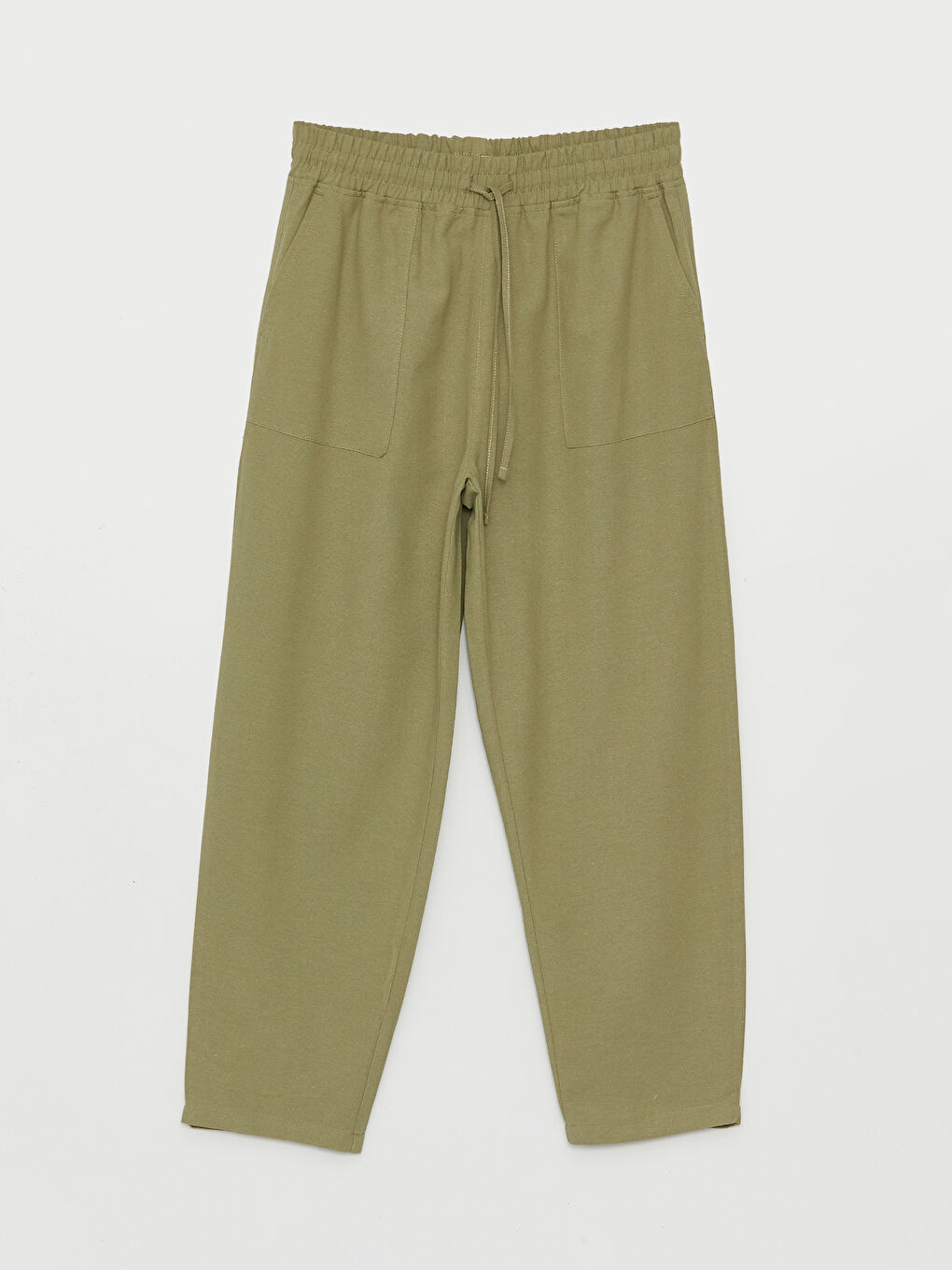 Haki Beli Lastikli Düz Keten Karışımlı Kadın Pantolon-4