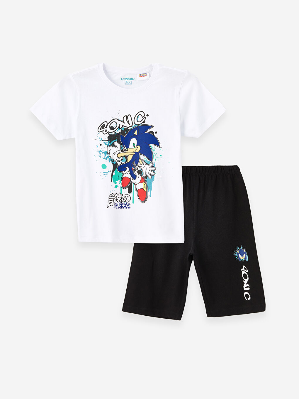 LCW Kids Buxe Beyazı Bisiklet Yaka Sonic Baskılı Kısa Kollu Erkek Çocuk Şortlu Pijama Takımı