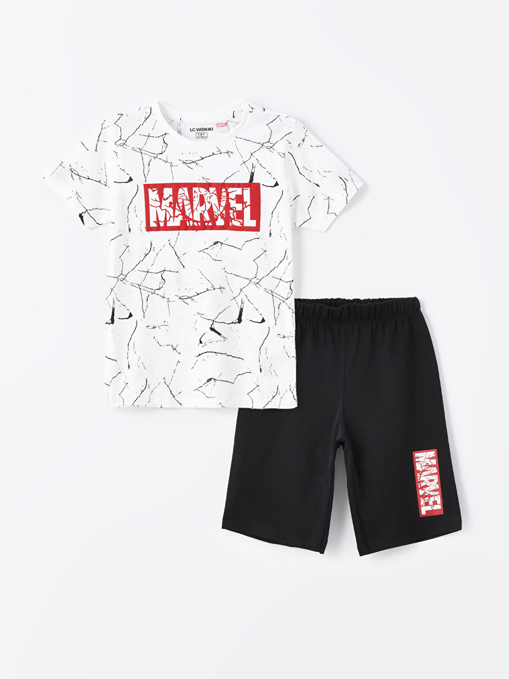 LCW Kids Beyaz Baskılı Bisiklet Yaka Marvel Baskılı Kısa Kollu Erkek Çocuk Şortlu Pijama Takımı