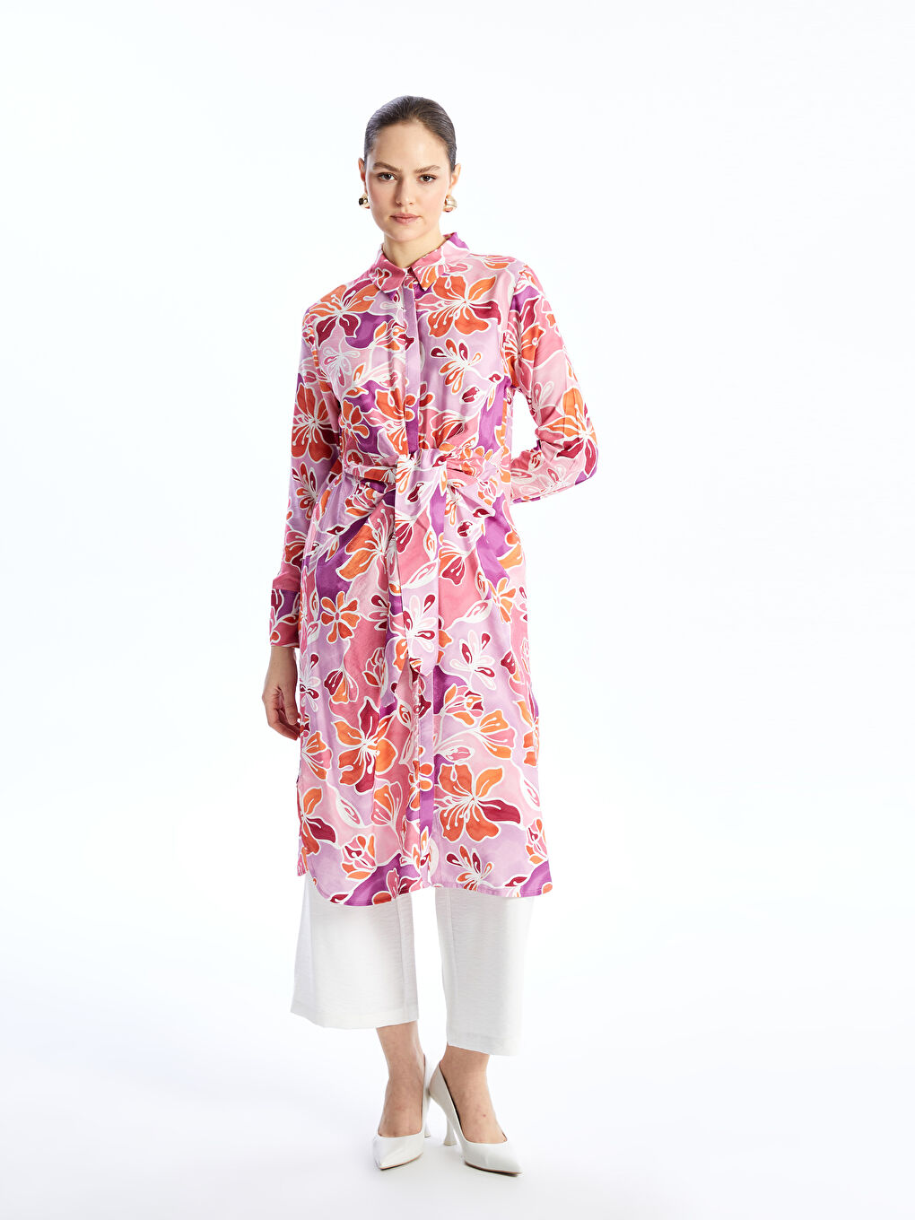 Collared Neck Patterned Long Sleeve Women's Tunic -S4AQ07Z8-LT8