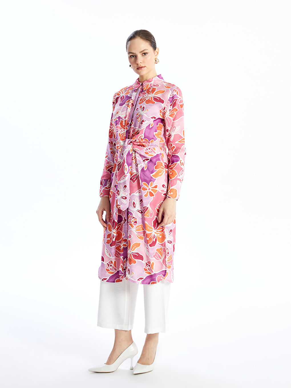 Collared Neck Patterned Long Sleeve Women's Tunic -S4AQ07Z8-LT8