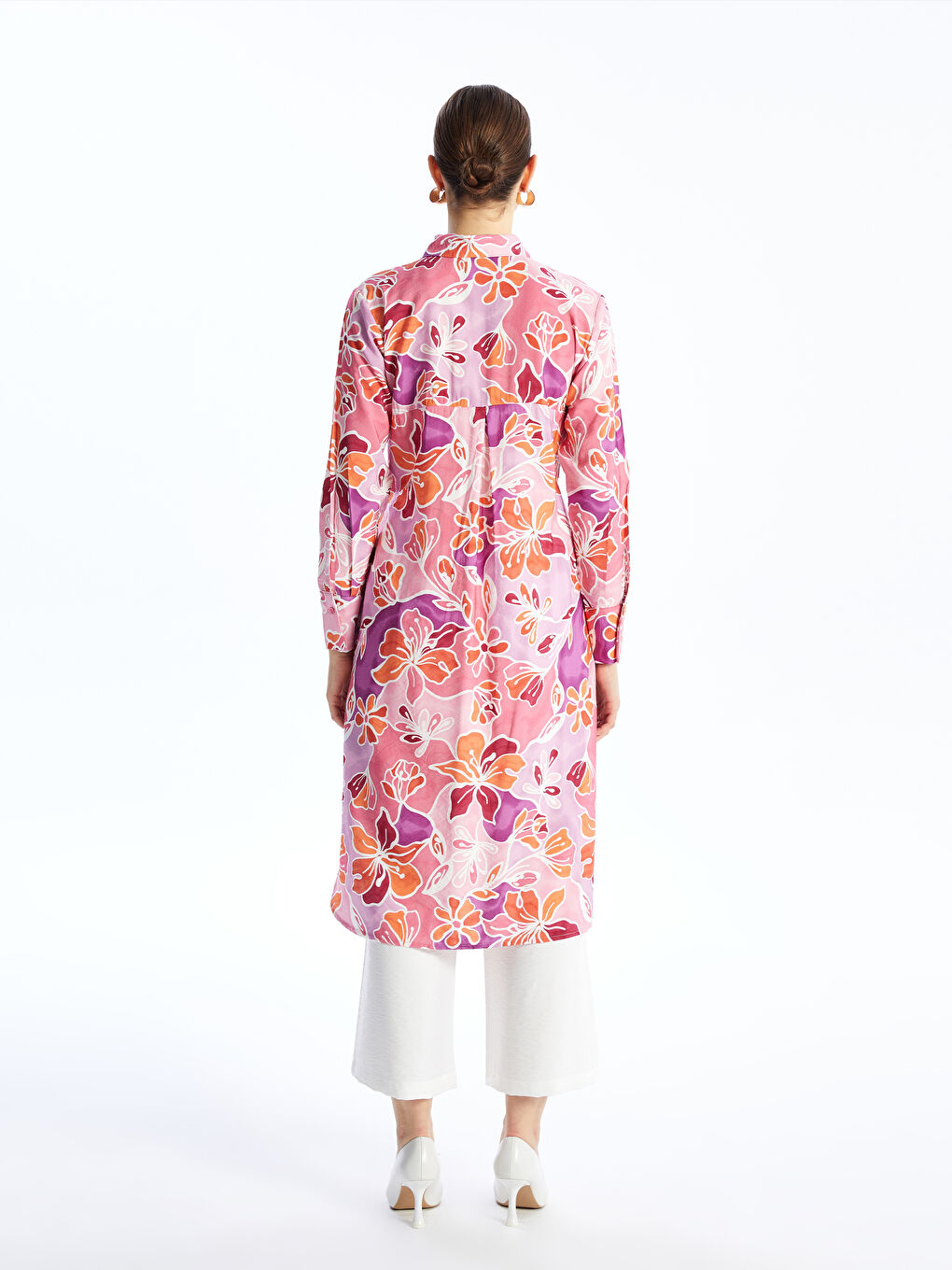 Collared Neck Patterned Long Sleeve Women's Tunic -S4AQ07Z8-LT8