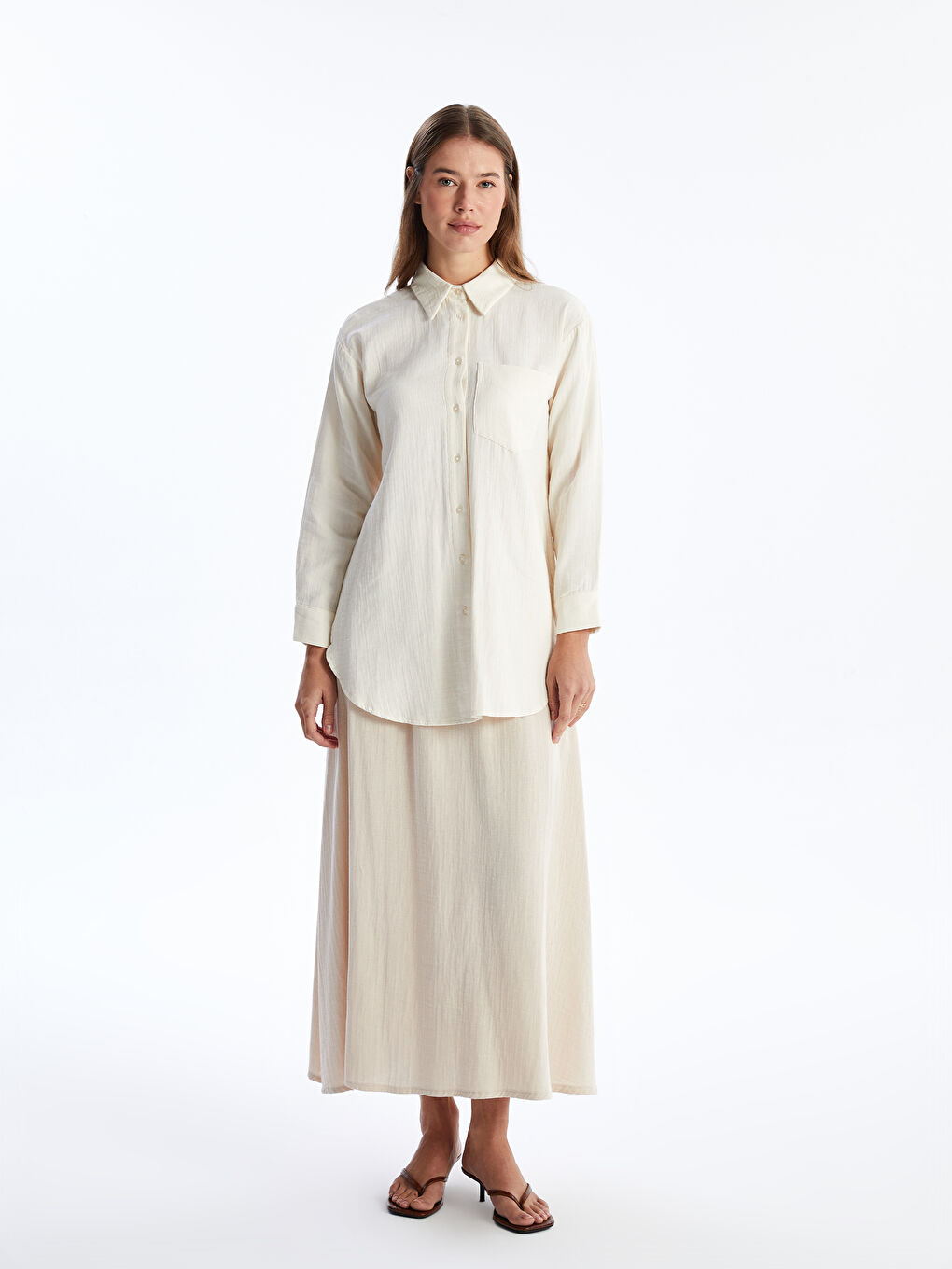 Ekru Düz Müslin Kadın Gömlek Tunik