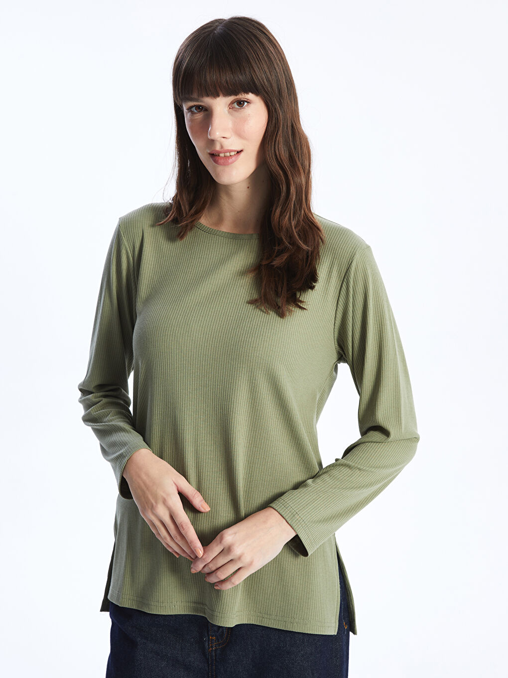 تيشيرت كم طويل سادة بياقة دائرية للسيدات-1