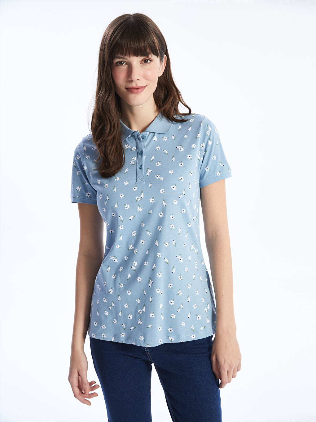 Polo Neck Patterned Short Sleeve Women's T-Shirt -S4AQ33Z8-LQS