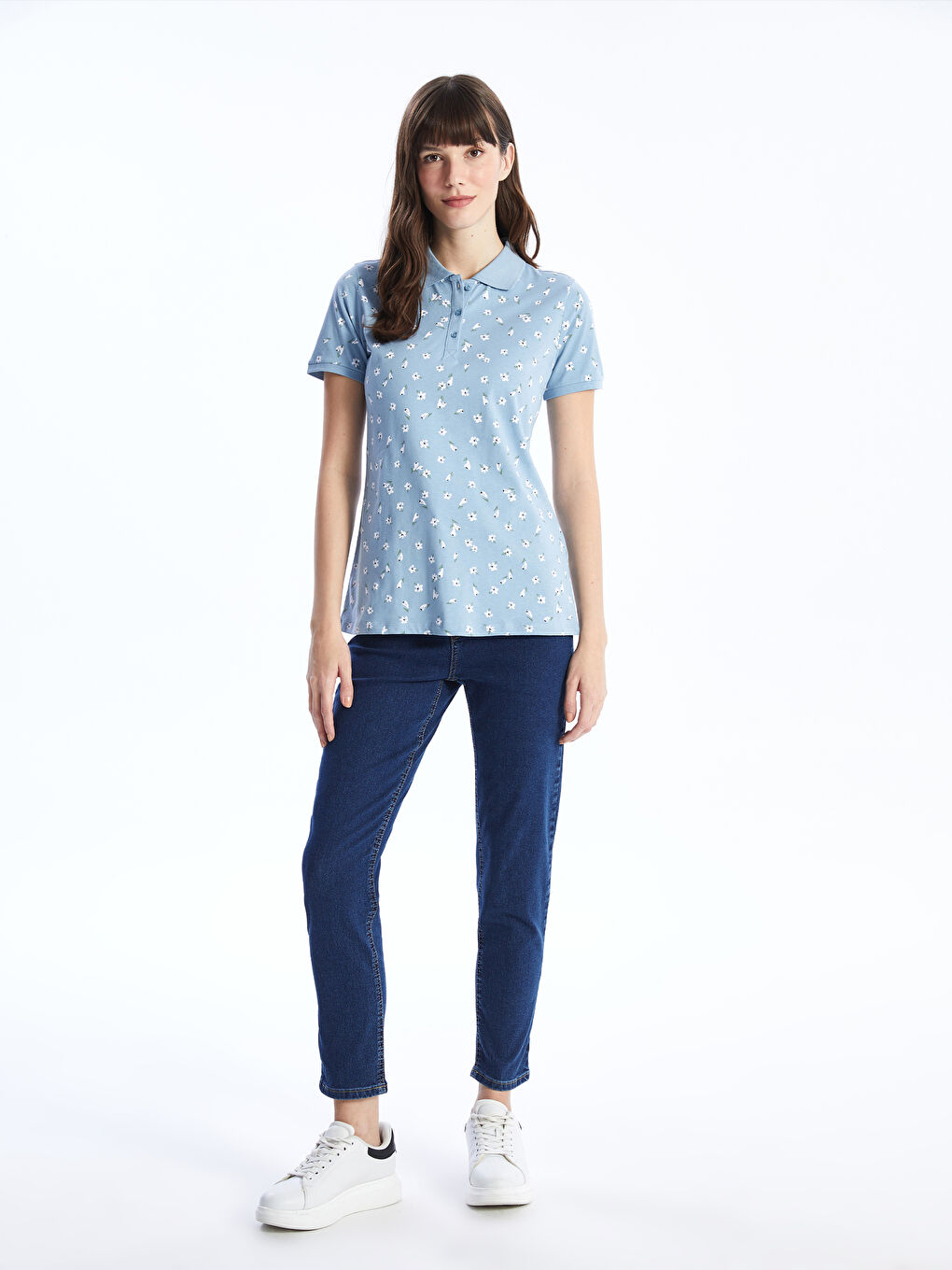 Polo Neck Patterned Short Sleeve Women's T-Shirt -S4AQ33Z8-LQS