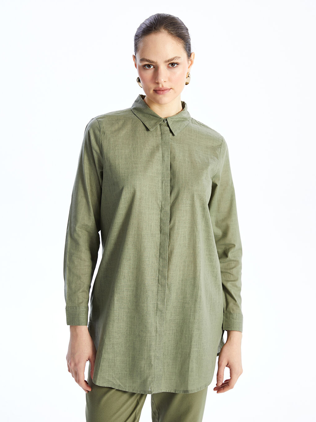 قميص تونيك للسيدات كم طويل سادة-1