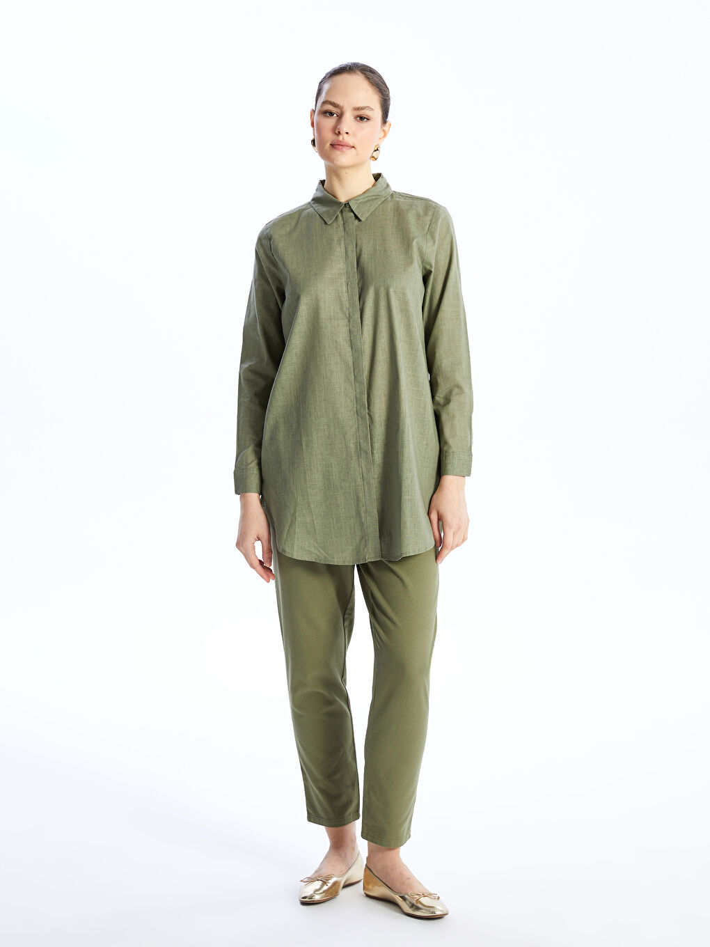 قميص تونيك للسيدات كم طويل سادة-2