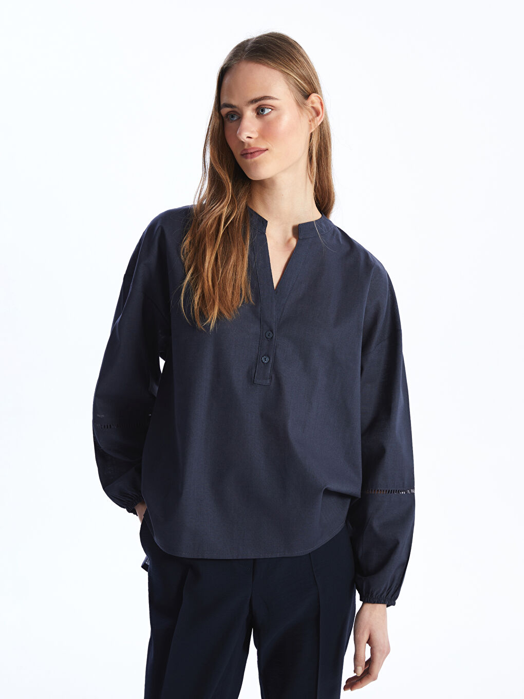 Notch Neck Plain Long Sleeve Oversize Women's Blouse