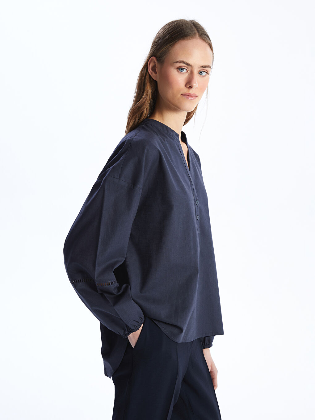 Notch Neck Plain Long Sleeve Oversize Women's Blouse-1