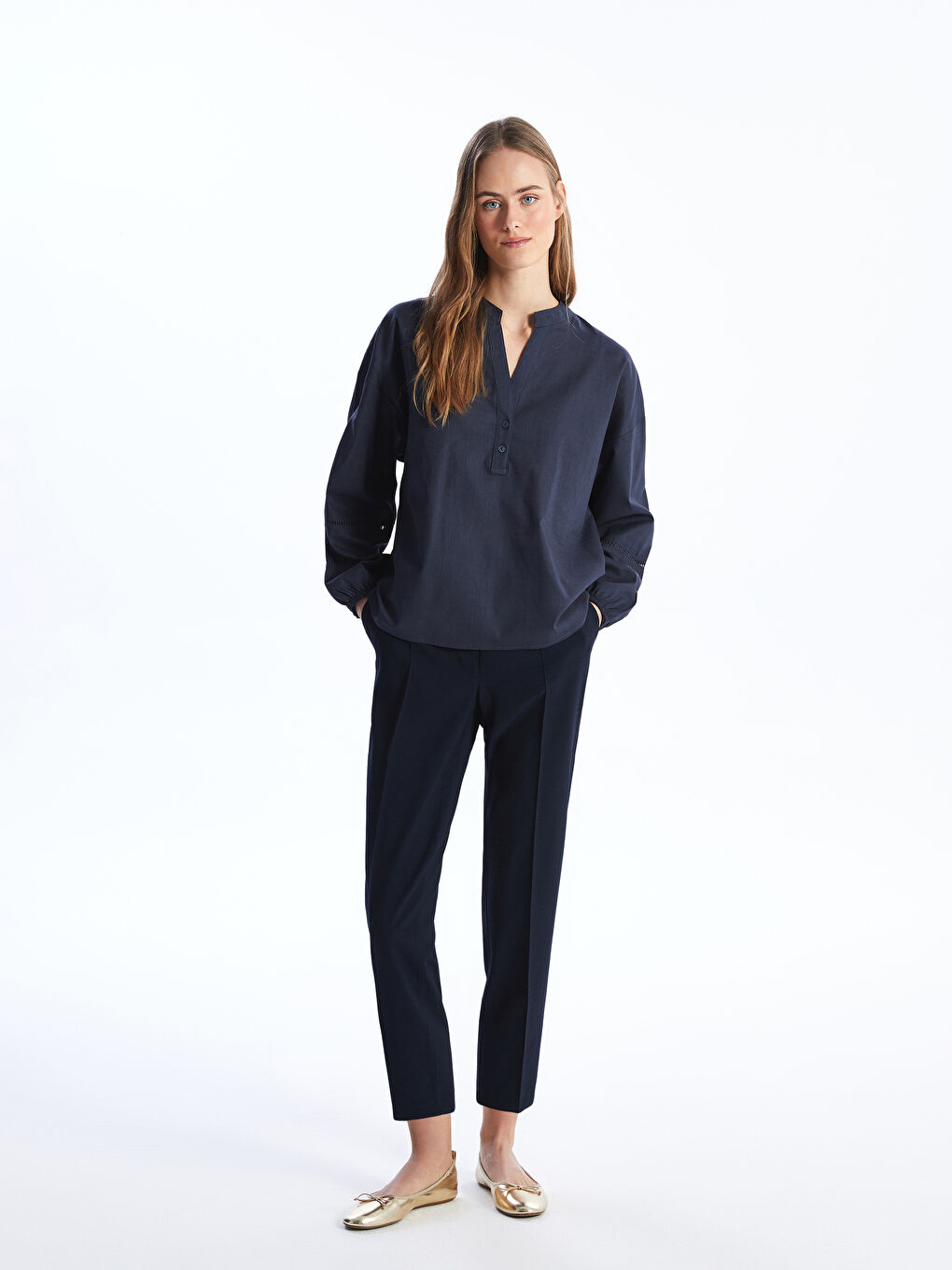 Notch Neck Plain Long Sleeve Oversize Women's Blouse-2