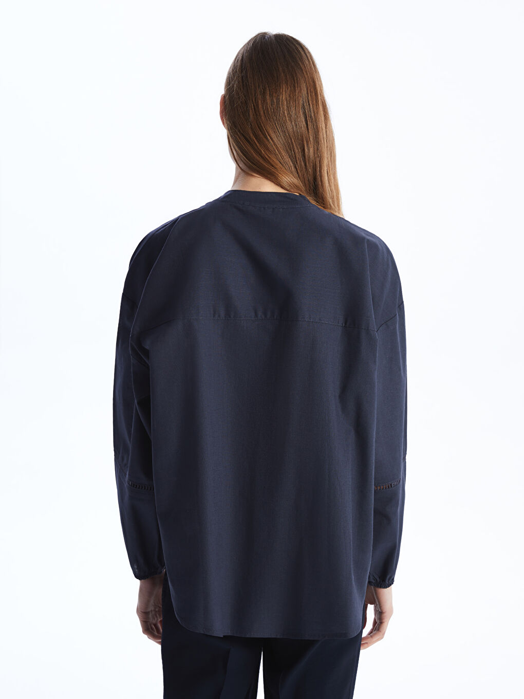 Notch Neck Plain Long Sleeve Oversize Women's Blouse-4