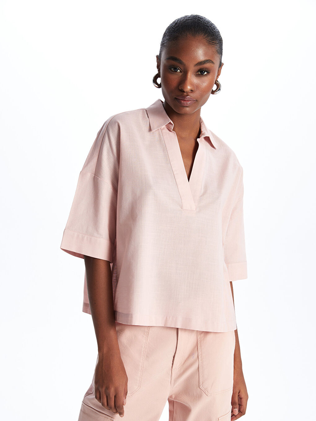 Polo Neck Plain Oversize Women's Blouse -S4AQ87Z8-FHP
