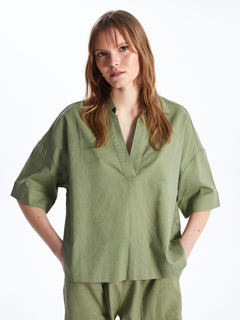Polo Neck Plain Oversize Women's Blouse -S4AQ87Z8-GHY