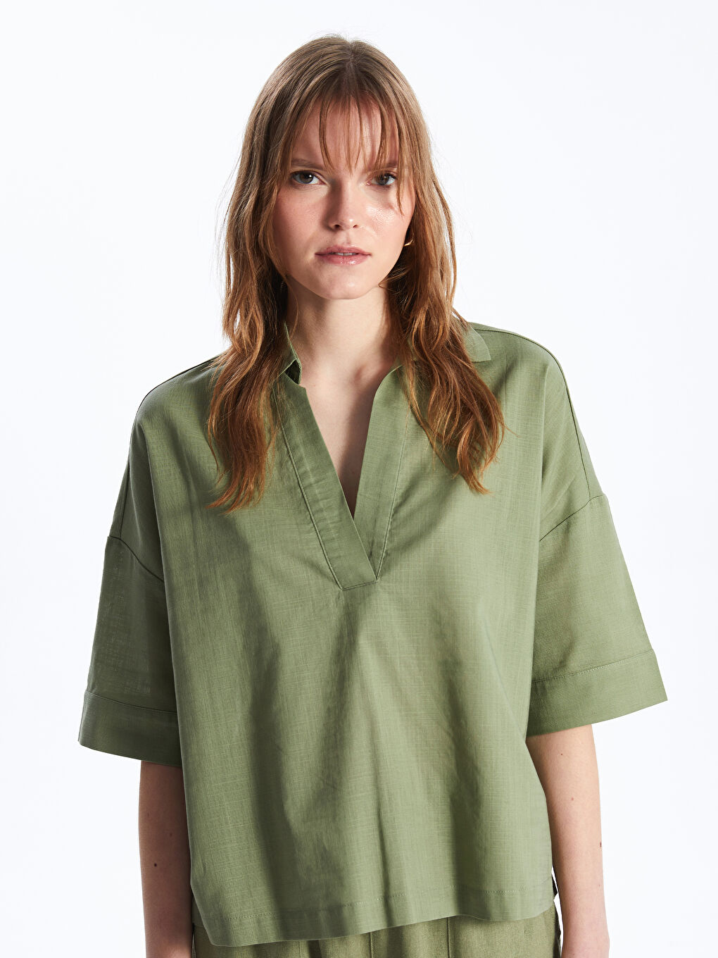Polo Neck Plain Oversize Women's Blouse -S4AQ87Z8-GHY