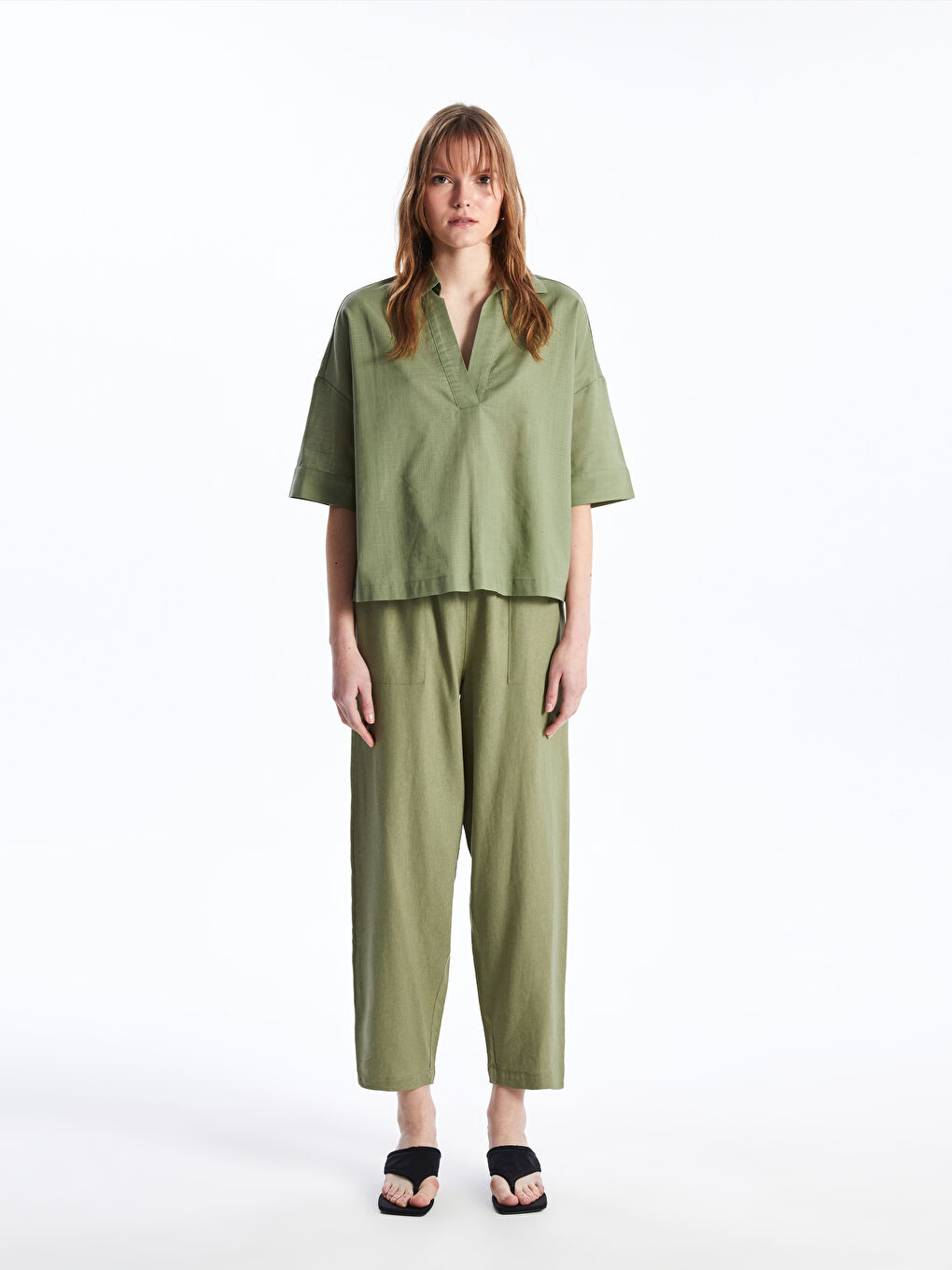Polo Neck Plain Oversize Women's Blouse -S4AQ87Z8-GHY