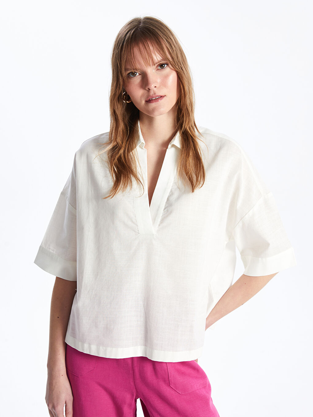Polo Neck Plain Oversize Women's Blouse -S4AQ87Z8-R9J