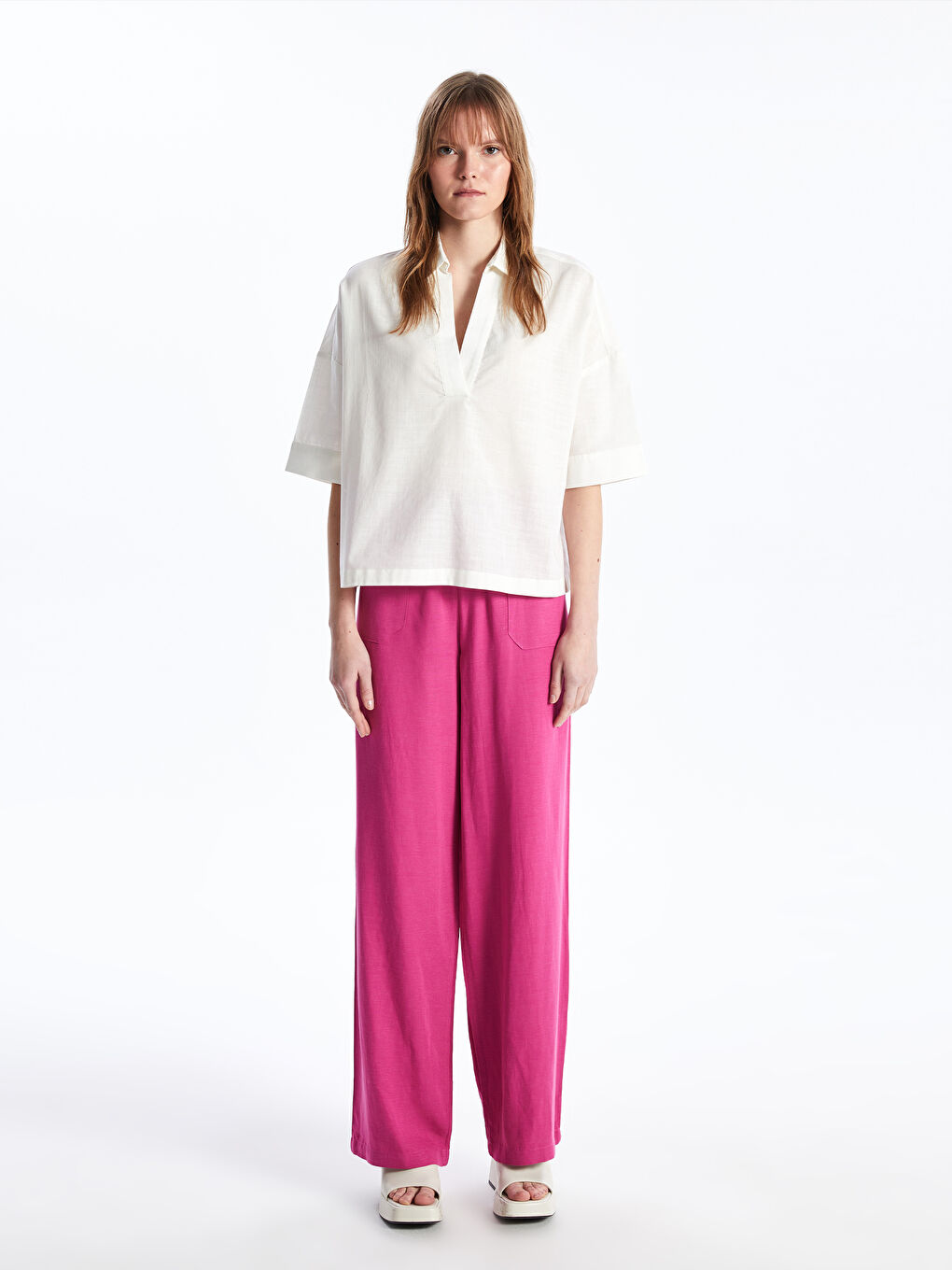 Polo Neck Plain Oversize Women's Blouse -S4AQ87Z8-R9J