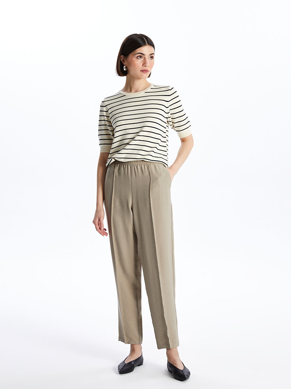 Women's Elastic Waist Relaxed Fit Linen-Look Trousers -S4AR06Z8-VVF