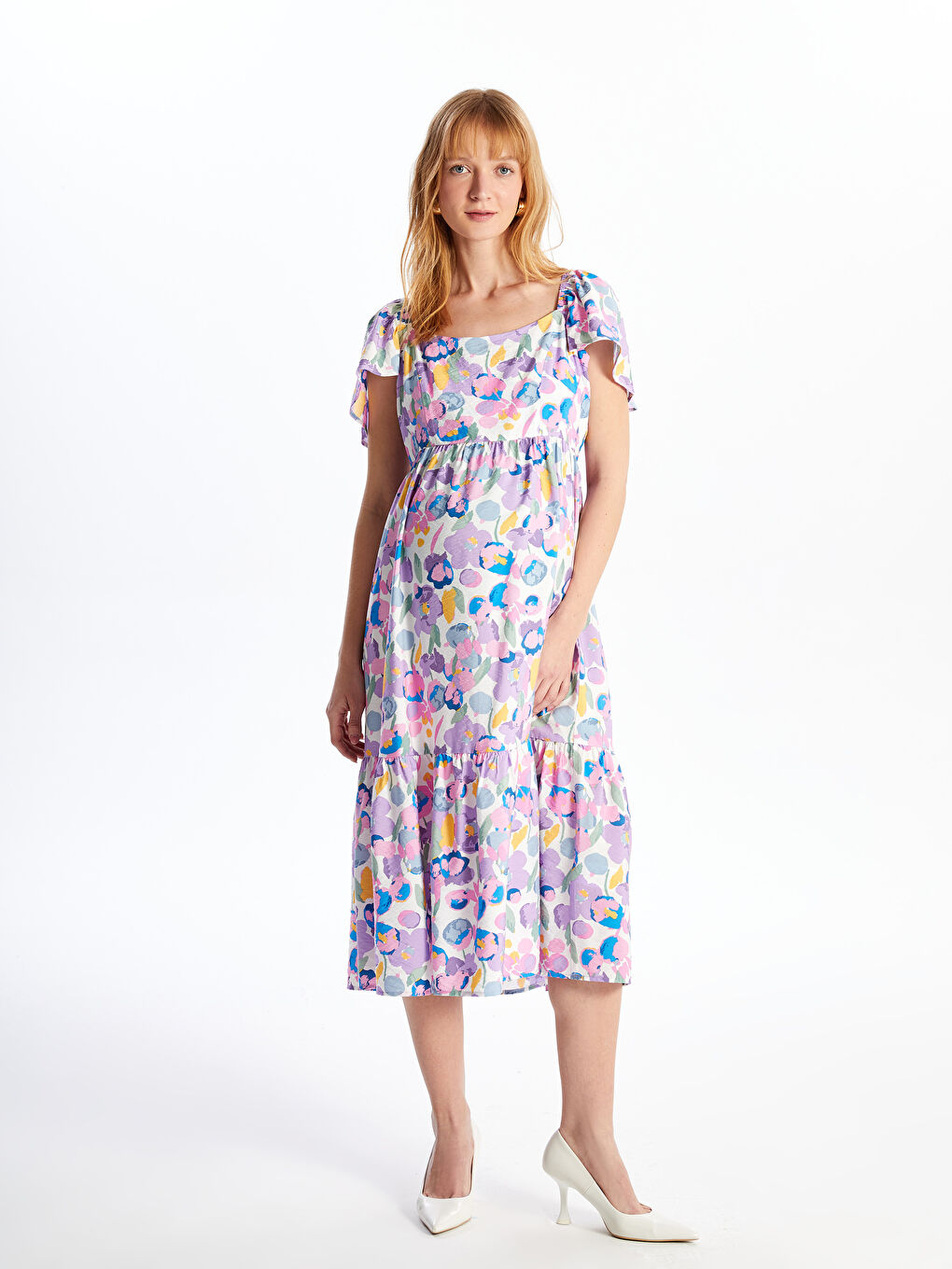 LCWAIKIKI Maternity U Yaka Çiçekli Kısa Kollu Hamile Elbise -S4AR18Z8-LSC