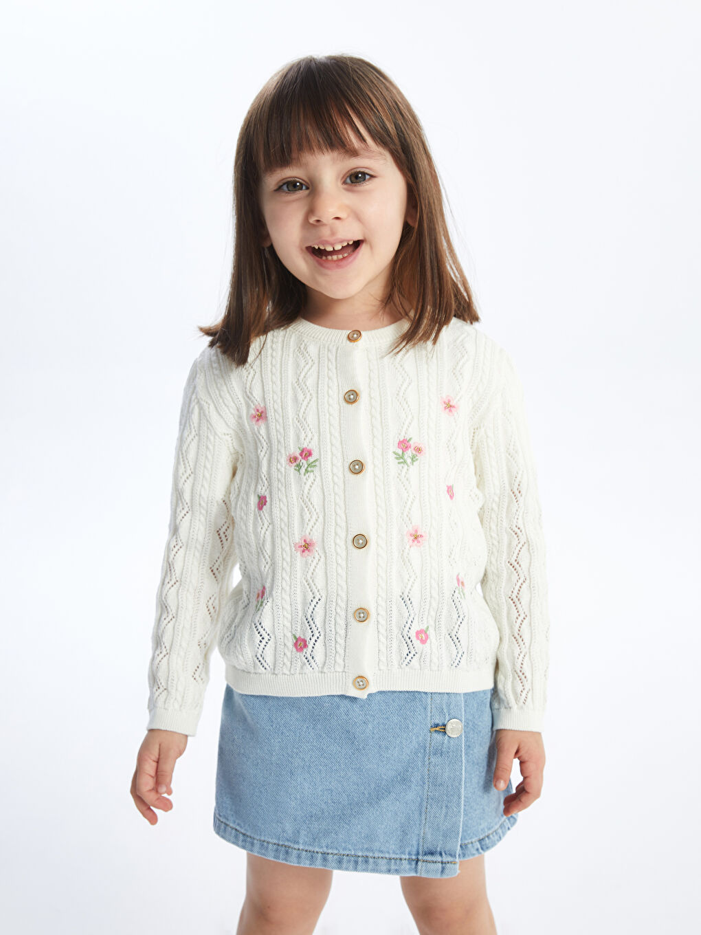 Crew Neck Embroidered Baby Girl Knitwear Cardigan -S4AR23Z1-FDW