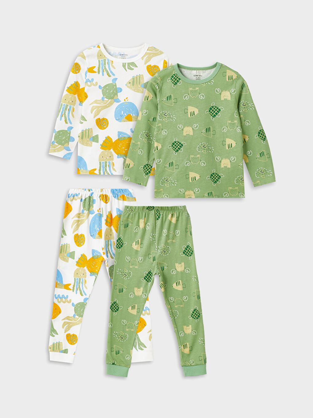 Ekru Bisiklet Yaka Uzun Kollu Baskılı Erkek Bebek Pijama Takımı 2'li