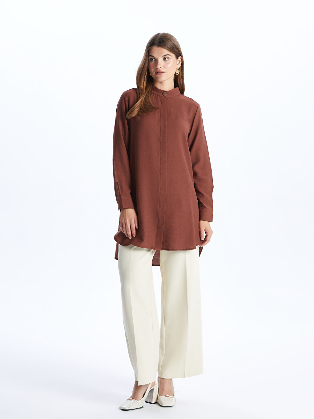 Kahverengi Hakim Yaka Kadın Gömlek Tunik-1