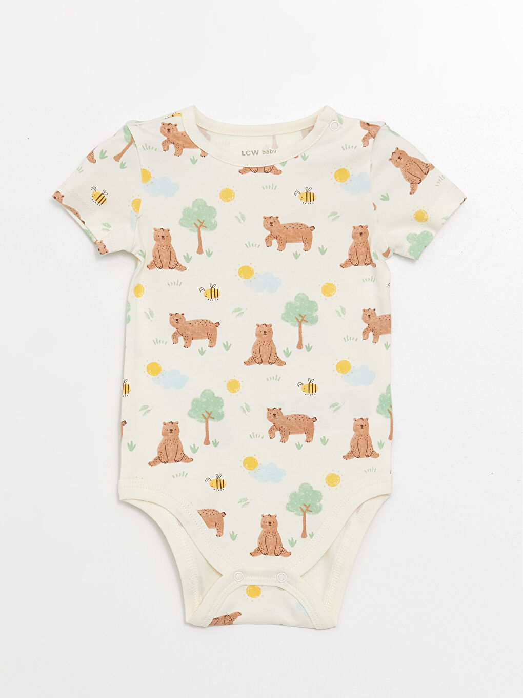 Ekru Bisiklet Yaka Kısa Kollu Erkek Bebek Çıtçıtlı Bodysuit