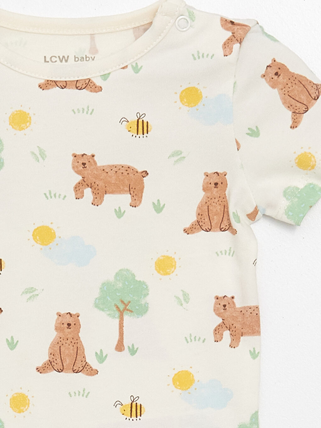 Ekru Bisiklet Yaka Kısa Kollu Erkek Bebek Çıtçıtlı Bodysuit-2