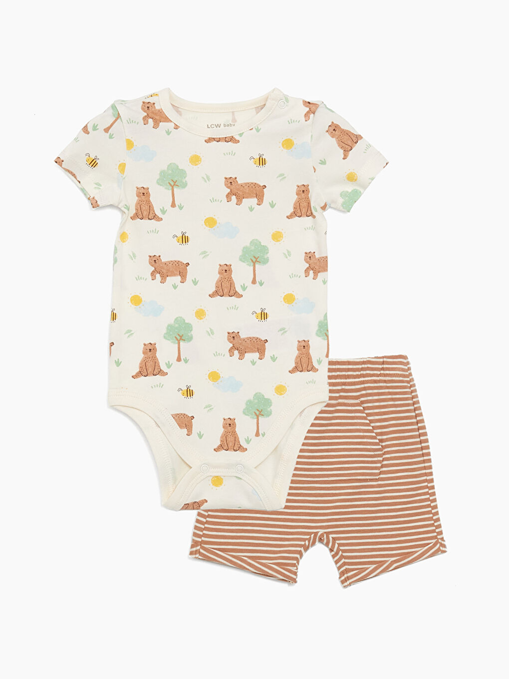LCW baby Ekru Bisiklet Yaka Kısa Kollu Baskılı Çıtçıtlı Body ve Şort 2'li Takım