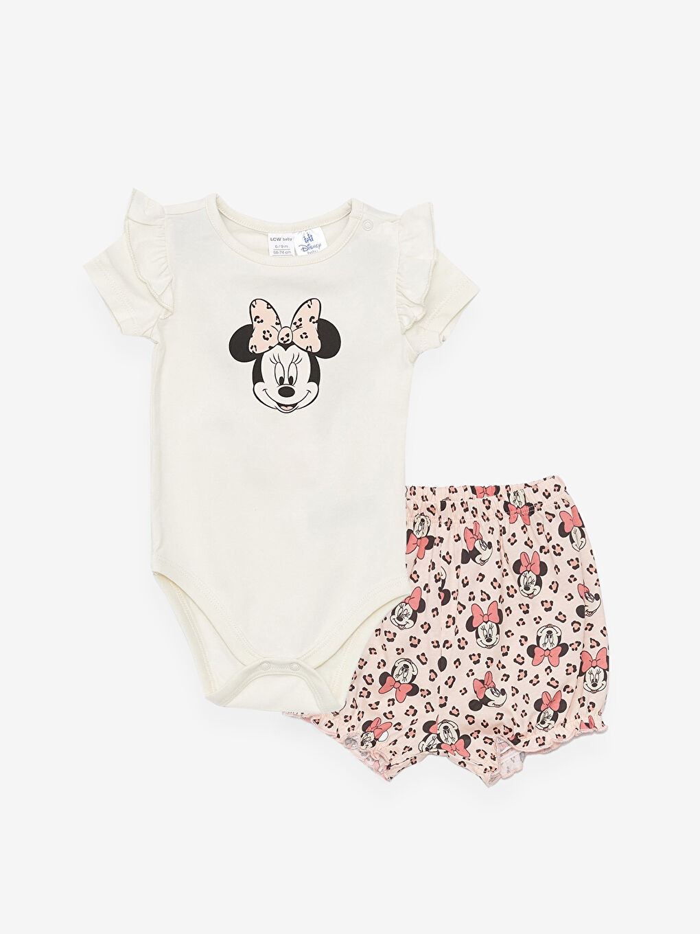 LCW baby Krem Rengi Bisiklet Yaka Minnie Mouse Baskılı Kız Bebek Çıtçıtlı Body ve Şort 2'li Takım