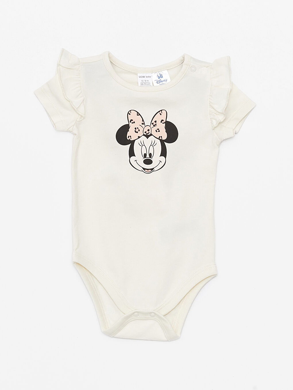 LCW baby Krem Rengi Bisiklet Yaka Minnie Mouse Baskılı Kız Bebek Çıtçıtlı Body ve Şort 2'li Takım - 1