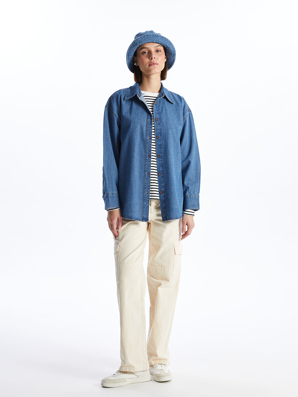 Plain Long Sleeve Oversize Women's Denim Shirt -S4AS59Z8-507