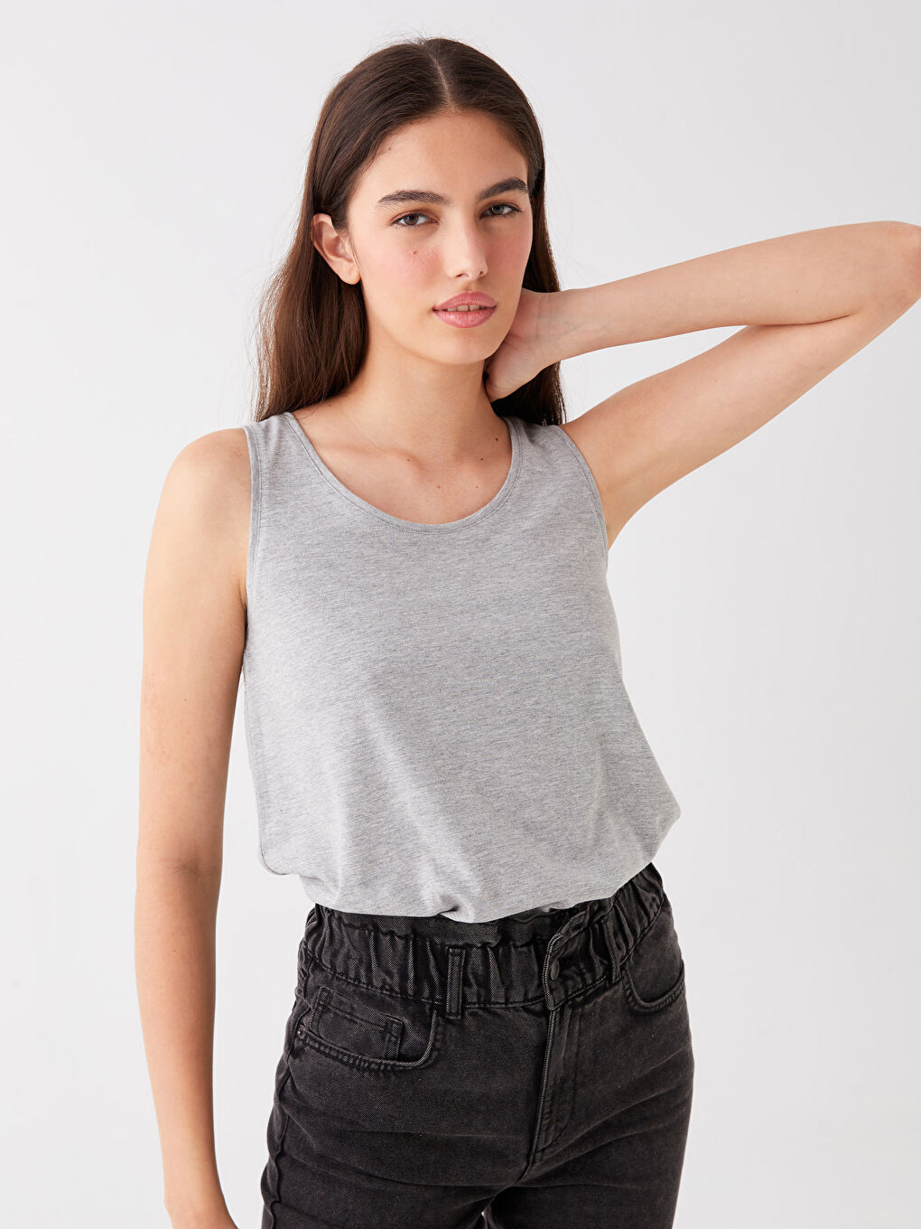 Gri Kadın Bisiklet Yaka Düz Atlet-1