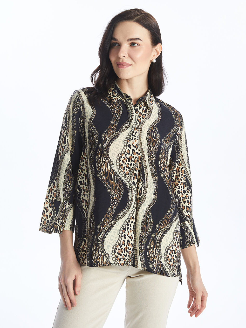 Patterned Long-Sleeve Poplin Women's Shirt -S4AT44Z8-LQJ
