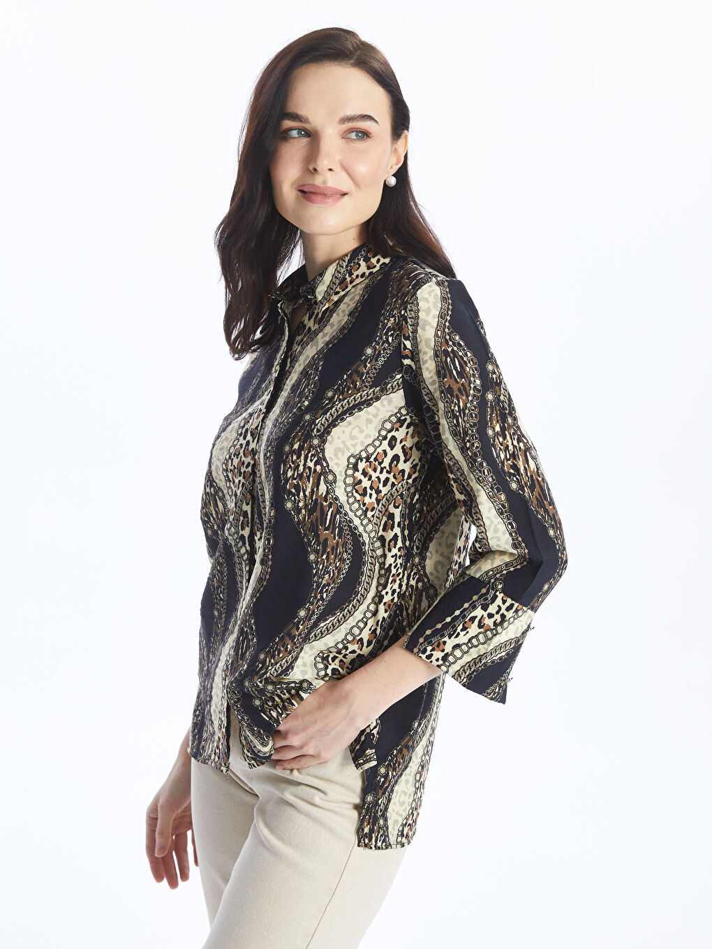 Patterned Long-Sleeve Poplin Women's Shirt -S4AT44Z8-LQJ
