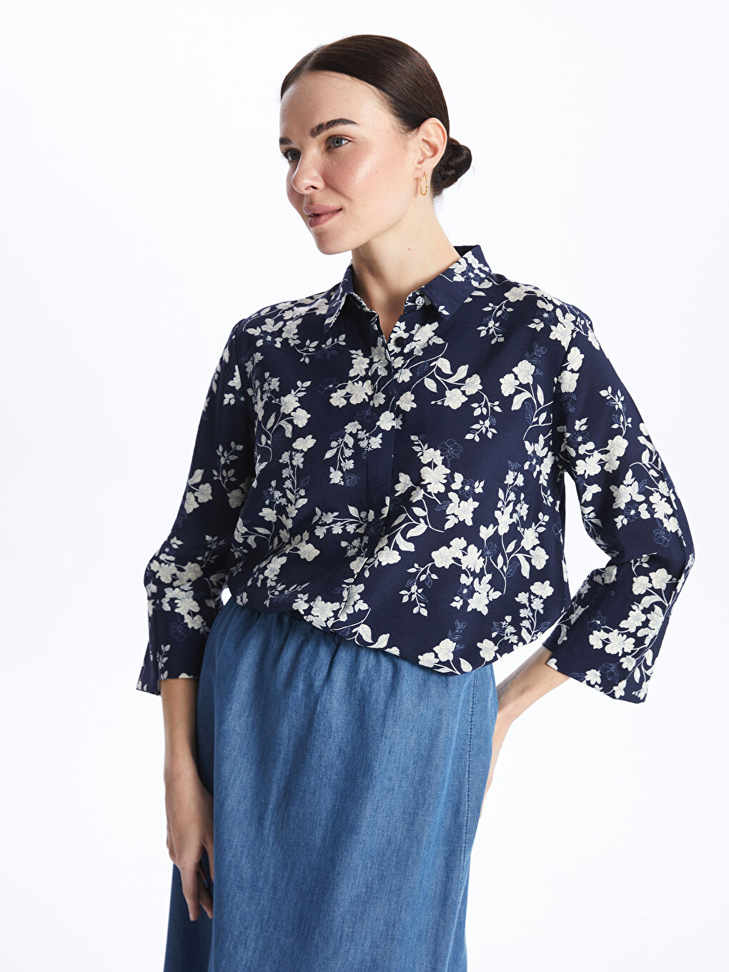 Floral Long Sleeve Poplin Women's Shirt -S4AT44Z8-LSJ