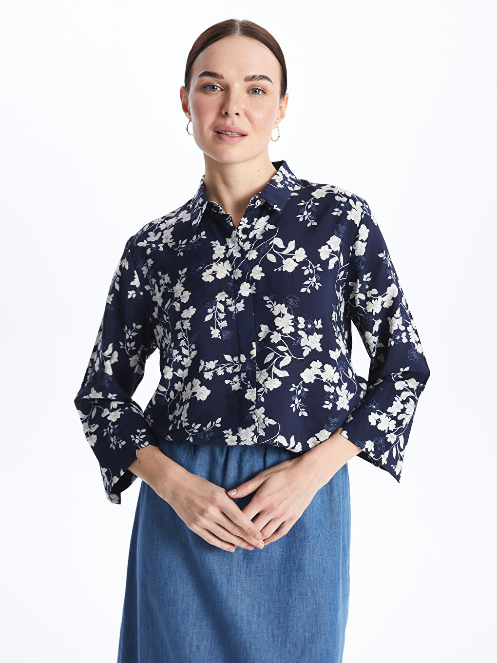 Floral Long Sleeve Poplin Women's Shirt -S4AT44Z8-LSJ