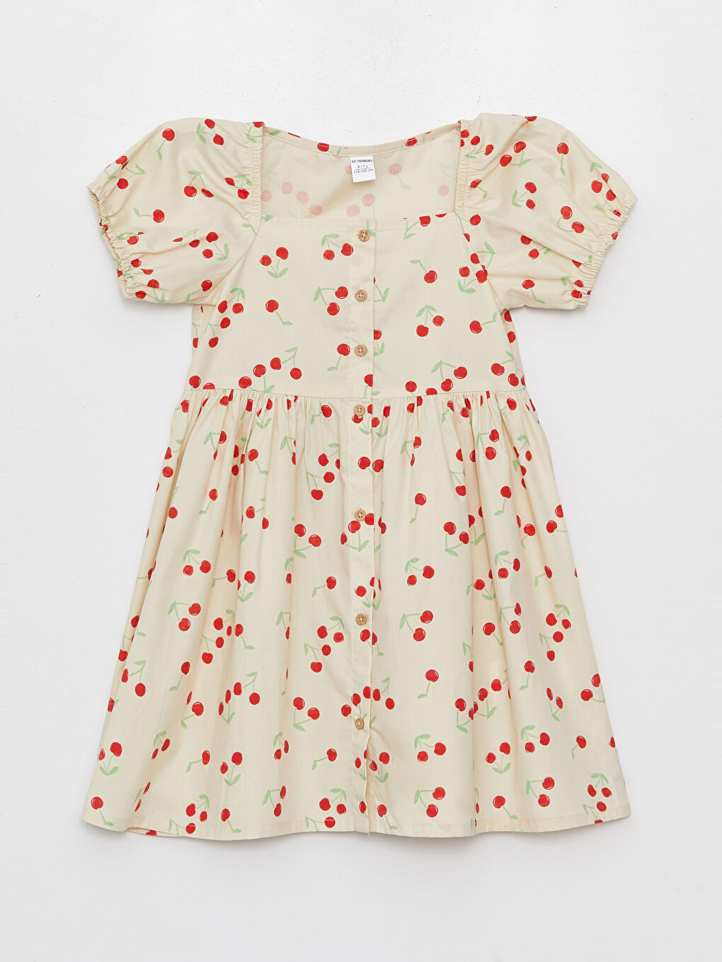 Ekru Kare Yaka Desenli Kız Bebek Elbise