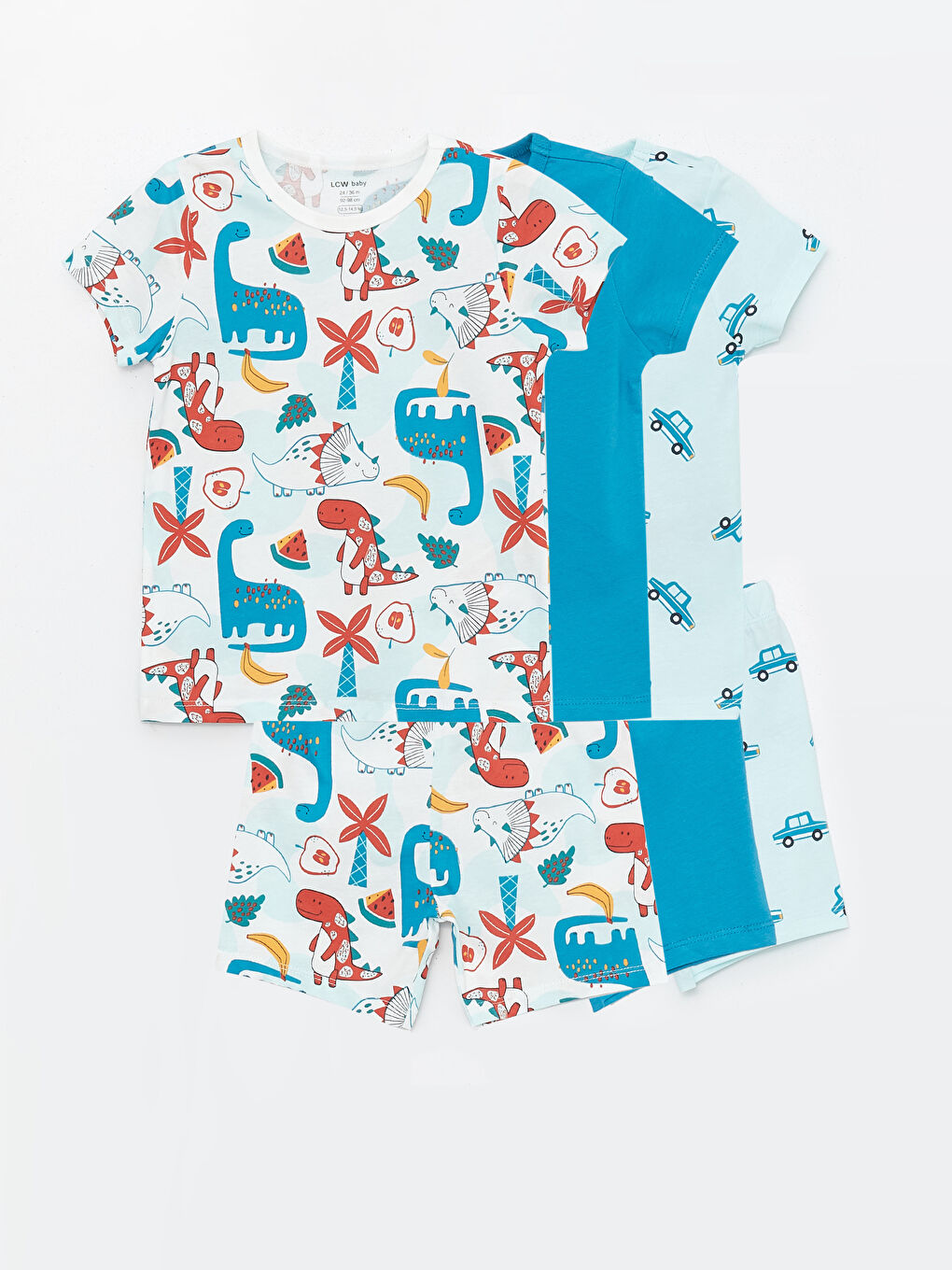 LCW baby Ekru Bisiklet Yaka Kısa Kollu Baskılı Erkek Bebek Şortlu Pijama Takımı 3'lü
