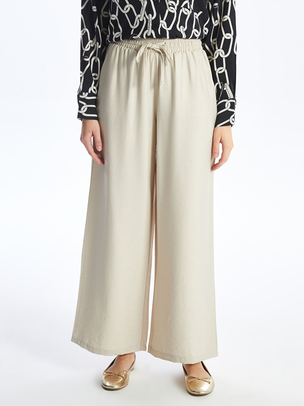 Elasticated Waist Plain Wide Leg Women's Trousers-7