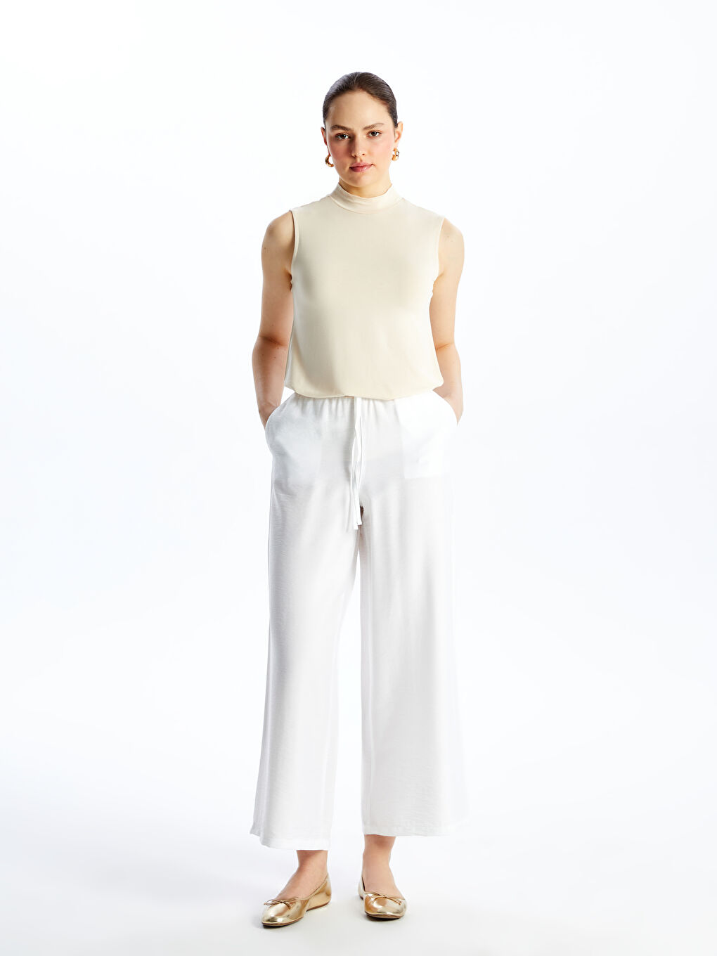 بنطلون واسع الأرجل سادة بخصر مطاطي للسيدات-3