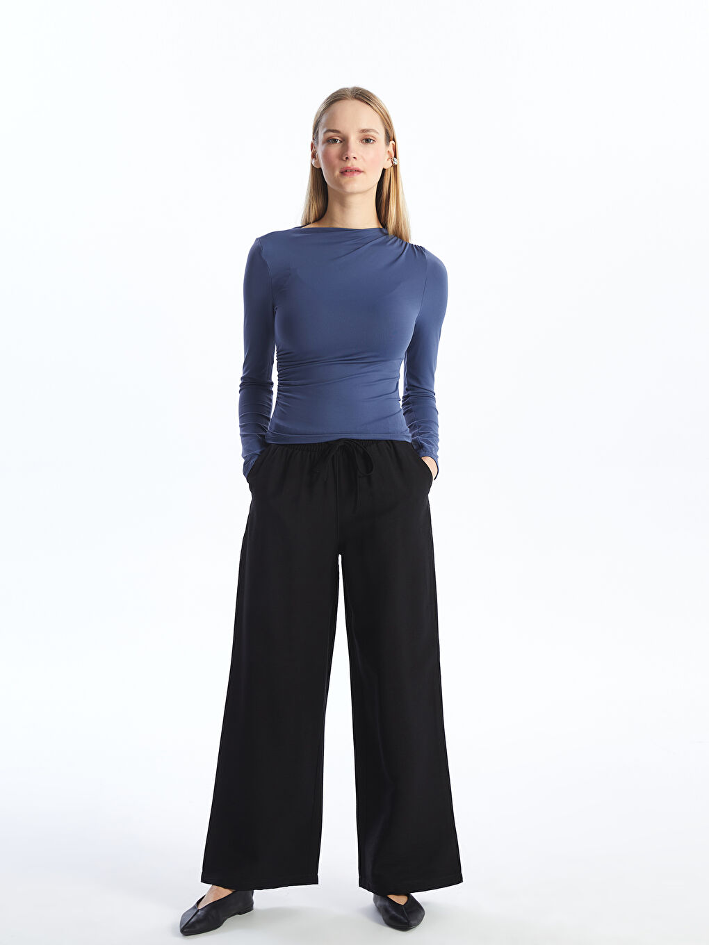 Elasticated Waist Plain Wide Leg Women's Trousers -S4AU50Z8-CVL